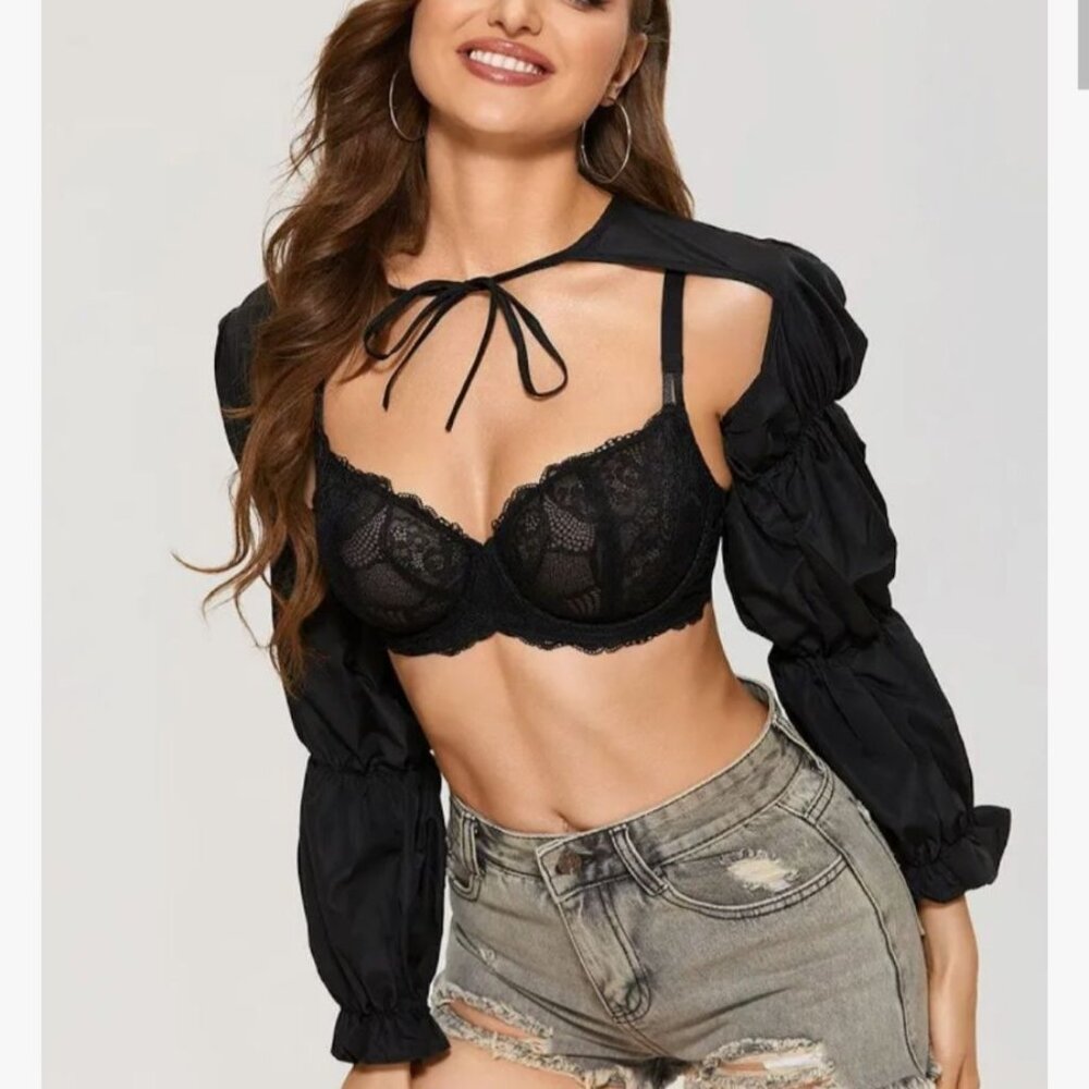 Doberva Womens Lace Balconette Bra Size 34B Black Underwire Scalloped Trim sexy